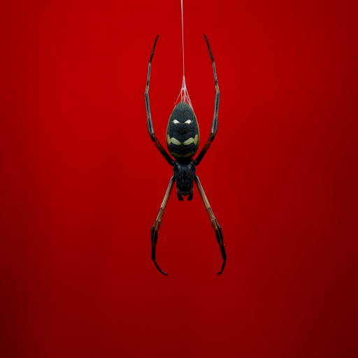Create a high-resolution image of a black spider hanging from a thin silk thread against a rich red background, using a Canon EOS R5 with a 50mm f/1.2 lens, aperture set to f/2.8, shutter speed at 1/200s, ISO 100, captured from a straight-on angle in portrait mode.