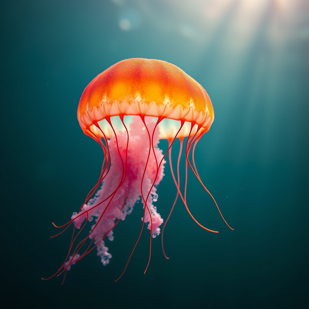 Create a vibrant underwater scene featuring a glowing jellyfish with bioluminescent colors, captured with a Canon EOS R5, 50mm lens, f/2.8 aperture, ISO 100, at a shallow depth of field for a soft background blur, enhanced with dramatic lighting and high contrast to emphasize the jellyfish's movements and textures.