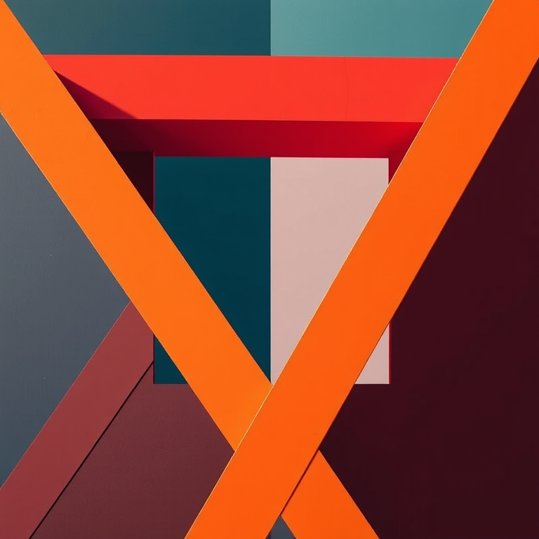 Create a geometric abstract composition featuring bold lines and contrasting colors, shot with a Canon EOS R5 at f/8, ISO 100, 1/250s, using a wide-angle lens to enhance depth and detail.