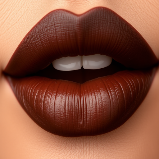 Rich chocolate brown lips with a satin finish, smooth and luxurious, showcasing depth and dimension for a sophisticated and modern look