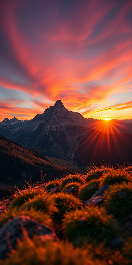 Generate a high-resolution image of a serene mountain landscape during sunrise with vibrant colors, using a DSLR camera, 50mm lens, f/8 aperture, ISO 100, 1/125s shutter speed, taken from a low angle to capture foreground details and emphasize depth.