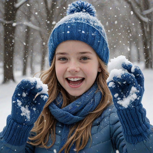 A hyperdetailed photorealistic macro image black and white pencil sketch of a young girl getting hit by a snowball during a snowball fight. She is wearing a brilliant sapphire blue wool beanie and bright blue mittens. She is trying to block the snowball by putting her hands up. The snowball hits her beanie and disintegrates into myriad tiny snowflakes caught with high speed photography. The girl is laughing and having a wonderful time.