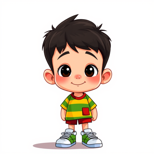 generate a colorful cartoon-style illustration of a young boy with short dark hair wearing a striped green and yellow shirt, red shorts, and sneakers, using a 50mm lens, f/2.8 aperture, natural lighting, and a slightly elevated angle to enhance image quality.
