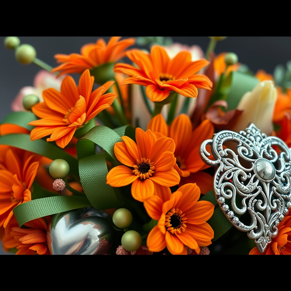 Create a detailed floral arrangement featuring vibrant orange flowers, green ribbons, and intricate decorative elements like a silver heart, using a DSLR camera at f/2.8 aperture, 50mm lens, macro view, soft lighting to enhance the colors and textures.