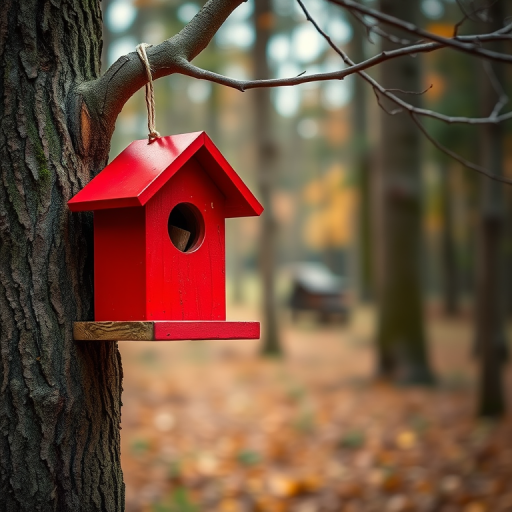 regenerate an image of a red birdhouse attached to a tree branch in a wooded setting with a shallow depth of field, using a DSLR camera with a 50mm lens, aperture set to f/2.8, ISO 200, and capturing at a 45-degree angle for enhanced detail and vibrant colors