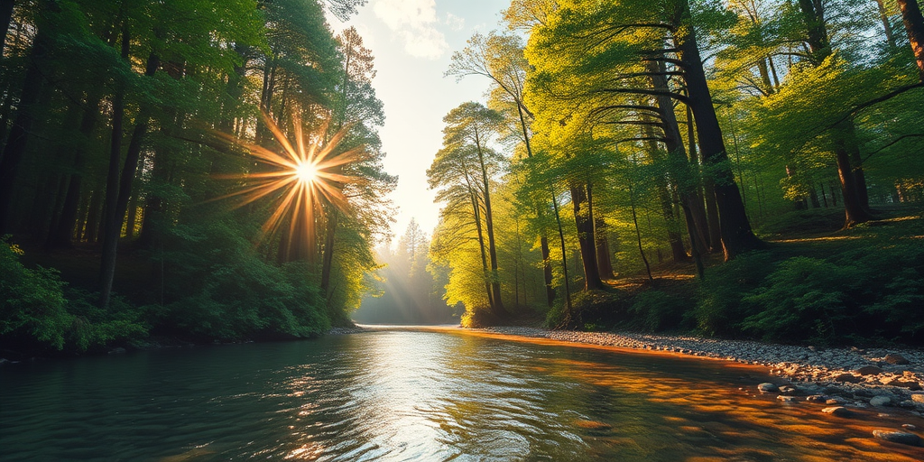 Create an image of a serene, sunlit forest scene with a clear, gently flowing river. Tall trees with lush green foliage line both sides of the river, their leaves bathed in the warm golden light of the setting or rising sun. The sunlight filters through the trees, casting soft, dappled light on the river, which flows over smooth rocks and pebbles, creating a peaceful, natural atmosphere. The sky is bright with a few scattered clouds, and the overall mood is tranquil, evoking a deep sense of connection with nature. The image captures the beauty of a calm, pristine forest landscape at either dawn or dusk.