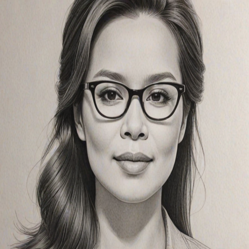 Magnificent Lea Salonga, pencil sketch, portrait of Magnificent woman 1971s in glasses, hair style beatnik, outline, clear lines, fine lines, 8k