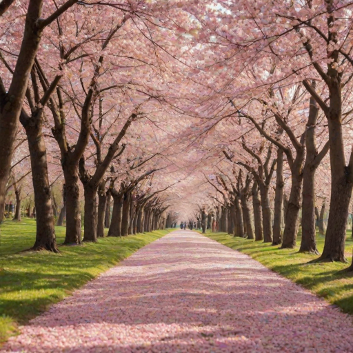 Soft-focus image of a path lined with cherry blossom trees in full bloom, soft pink petals gently falling to the ground, with sunlight filtering through the branches.