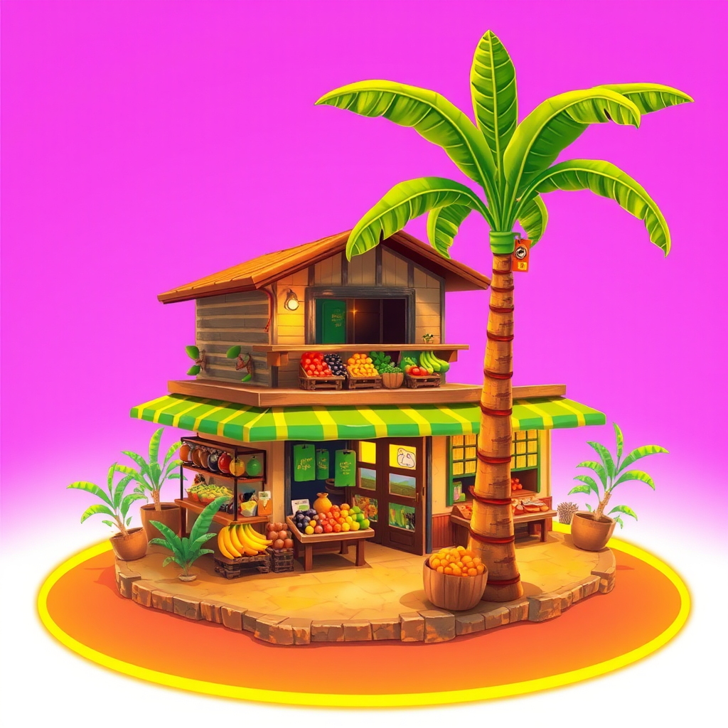 A vibrant tropical fruit market with a small, two-story building. A large banana tree stands nearby, with the fruit displayed on the balcony. The ground is surrounded by a glowing orange and yellow ring