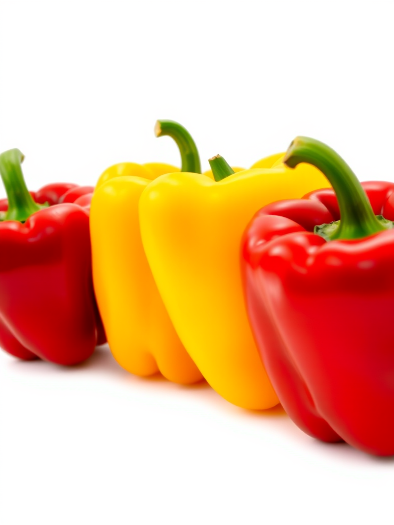 Generate an image of four bell peppers in a row, with a red pepper on the left, followed by two yellow peppers and a red pepper on the right, taken with a DSLR camera, 50mm lens, aperture f/2.8, ISO 100, and natural lighting for vibrant colors and sharp details.