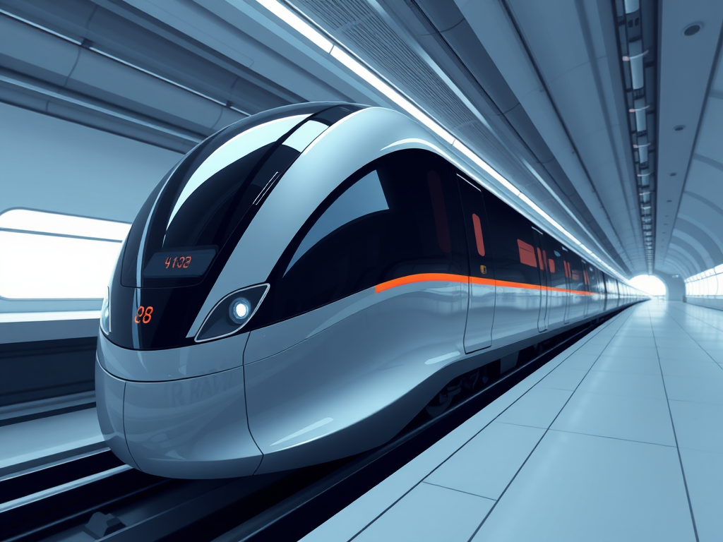 Create a high-resolution illustration of a sleek, futuristic train design, captured from a low-angle view with a wide aperture, using a digital camera style resembling a 35mm DSLR, focus on smooth curves and aerodynamic features, ensuring a bright and clean background for contrast.