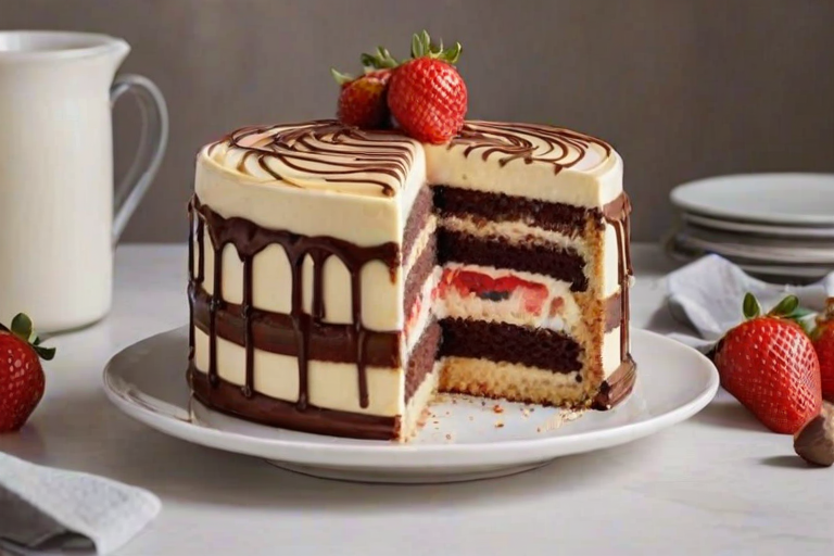Create an image of a multi-layered cake with three distinct layers: a chocolate layer at the bottom, a vanilla layer in the middle, and a strawberry layer on top. The cake should be frosted with a smooth white icing and decorated with swirls of chocolate sauce on the top. Show a slice cut out to reveal the colorful layers inside. The setting should be bright and inviting, with a simple plate and some soft lighting.