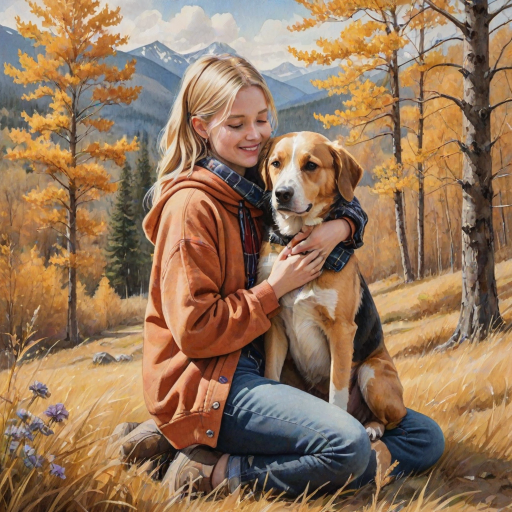 A detailed watercolor and acrylic illustration showing a heartwarming scene between a young blonde girl in pigtails and a Bearnaise Mountain dog. The girl, dressed in a rust hoodie, jeans, and a plaid scarf, gently rests her hand on the dog’s head. The dog, with black, copper, and white fur, sits beside her, tilting its head in affection. They sit on golden grass with wildflowers, against a sunny fall background. The artwork focuses on realistic textures and the tender bond between them.