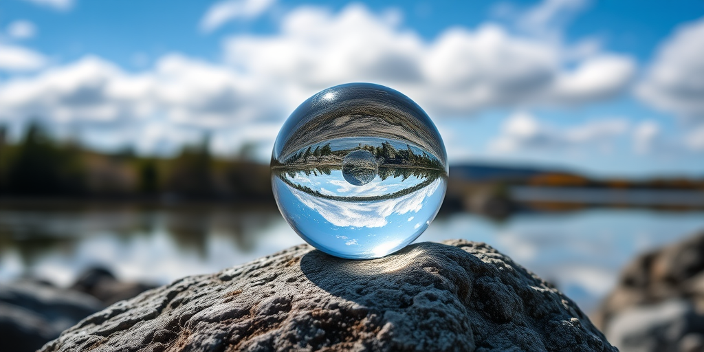 Capture a crystal ball resting on a textured rock, reflecting a scenic landscape with trees and water in the background, using a DSLR camera at f/2.8 for shallow depth of field, ISO 100, shutter speed 1/200 sec, with a macro lens for enhanced detail and clarity.