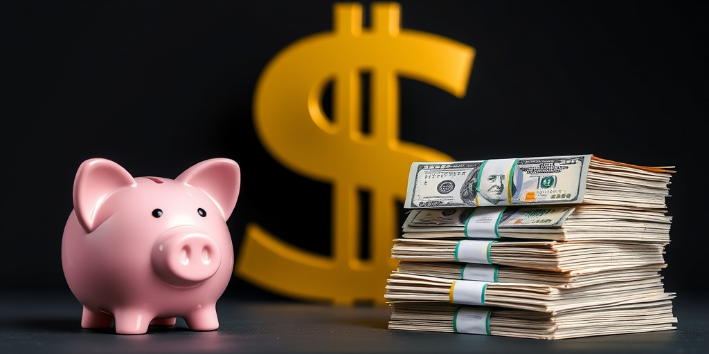 Create an image of a pink piggy bank next to neatly stacked bundles of hundred-dollar bills with a large gold dollar sign in the background, using a DSLR camera with a 50mm lens, aperture f/2.8, ISO 100, and a focused depth of field to enhance image quality, in a well-lit studio setting with a black backdrop.