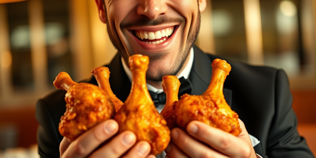 Regenerate the image of a jovial man in a tuxedo holding multiple chicken drumsticks with a playful expression, using a shallow depth of field, 50mm lens, f/1.8 aperture, warm lighting for a golden hue, and a close-up angle to enhance facial details and the vibrancy of the food.