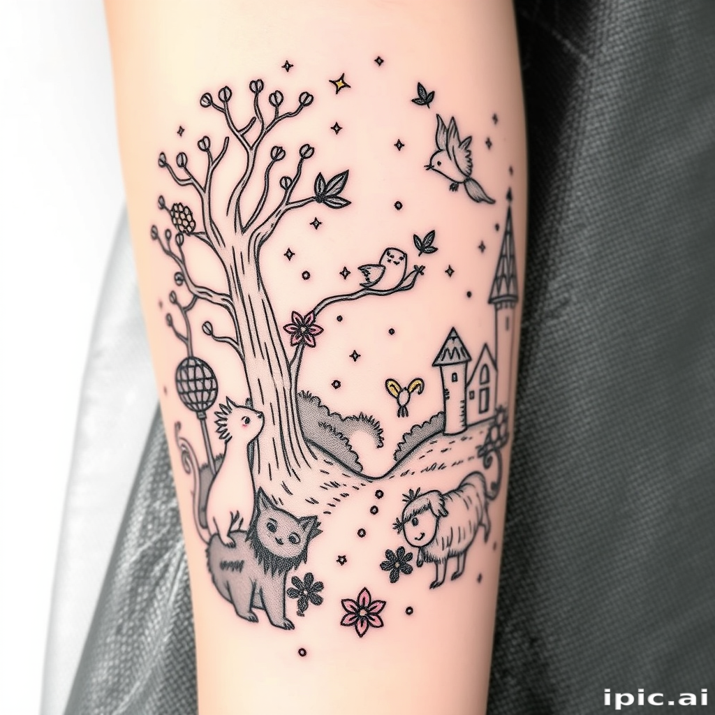 Illustrative tattoo named "Storybook Reverie" showcasing a whimsical scene with fantastical creatures enchanted forests and fairy tale elements rendered in a delicate hand-drawn style with soft shading and fine linework