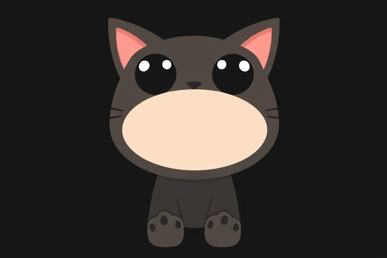 Create a whimsical cartoon image featuring a playful cat character with large eyes, a blank oval space in the center, and small oval shapes at the bottom, taken with a DSLR camera at 50mm, f/1.8 aperture, ISO 100, and a soft focus style against a solid black background.