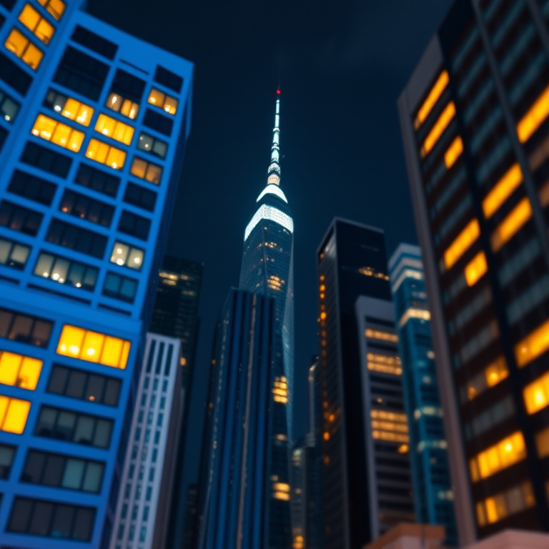 Create a vibrant city skyline at night with blue buildings and warm yellow windows, using a DSLR camera with a 50mm lens, aperture set to f/1.8, ISO 200, and a low-angle view to enhance depth.