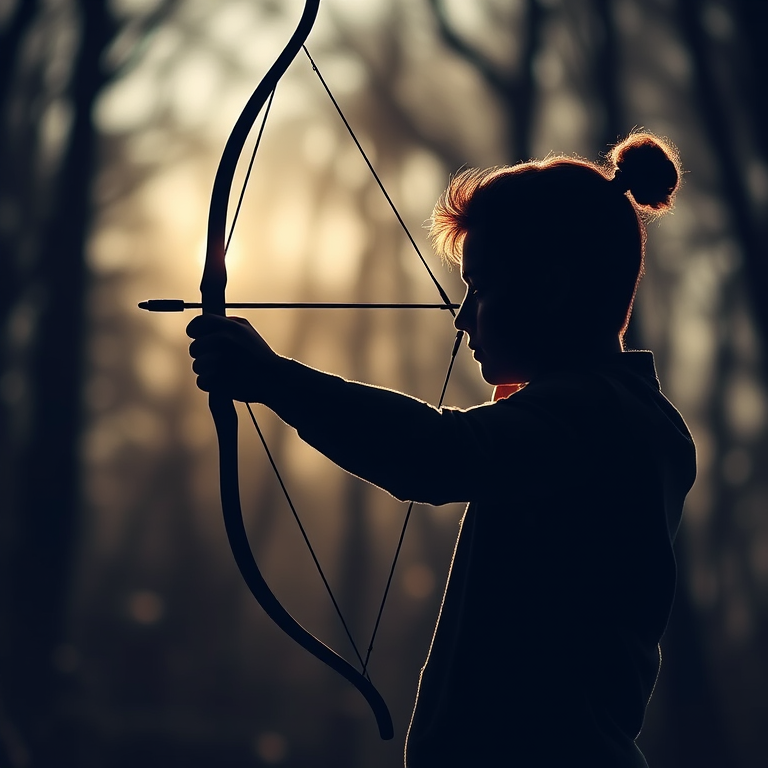Create an image of a silhouette of a person drawing a bow, using a 50mm lens with an aperture of f/2.8, in natural light, with a shallow depth of field to enhance background blur, captured with a DSLR camera in landscape orientation.