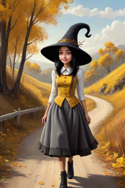 digital art fantasy depicting a strange girl with black hair, long eyelashes, Yellow lipstick and a tall hat walking along a winding road on an autumn afternoon, an Numbat smiles as she passes