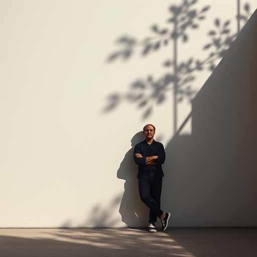 Create an artistic representation of a solitary figure leaning against a wall with abstract shadows, using a Canon EOS R5 with a 50mm f/1.2 lens, aperture set to f/4 for sharpness, ISO 100 for minimal noise, soft natural lighting for a serene atmosphere, and a shallow depth of field to emphasize the figure and shadows.