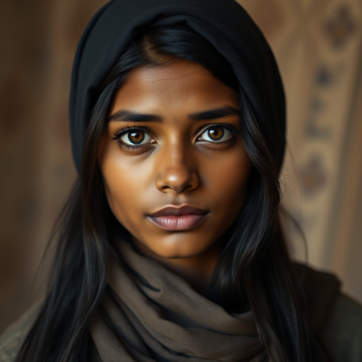 Create a portrait of a young Sri Lankan woman with long, dark hair and captivating hazel eyes. She is wearing a dark headscarf and a matching scarf draped gracefully around her neck. The background is softly blurred, focusing attention on her serene and natural expression. The overall color palette is muted and warm, enhancing the intimate and authentic feel of the portrait.