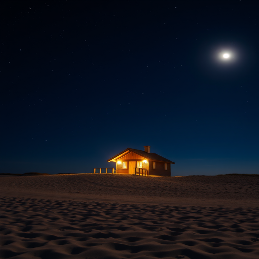 A serene beach scene at night with a cozy wooden house illuminated by warm lights, under a starry sky with a bright moon, using a Nikon D850, 24mm lens, f/2.8, ISO 800, long exposure, soft focus, high dynamic range.