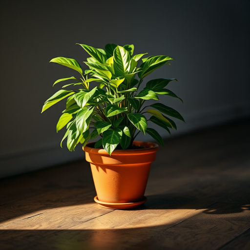 A vibrant potted plant with lush green leaves in a terracotta pot placed on a rustic wooden floor illuminated by soft, dramatic lighting, captured with a DSLR camera at f/1.8 aperture, 50mm lens, ISO 100, and a shallow depth of field for enhanced focus on the plant.