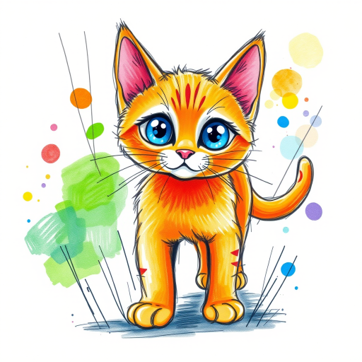 A vibrant childs coloured pencil drawn illustration of a bright orange cat with large, expressive blue eyes, a very cute style. The cat appears to be walking towards the viewer, surrounded by an abstract splash of colors and fine black lines, giving the image a dynamic and artistic flair. The background is a soft beige, highlighting the cat's vivid coloration and playful demeanor. Naively drawn scratchy line style.
