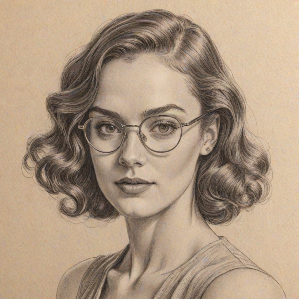 Dazzling Sophie Skelton, pencil sketch, portrait of Wonderful woman 1933s in glasses, hair style beatnik, outline, clear lines, fine lines, 8k
