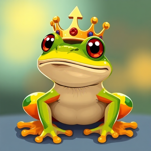 Create an illustration of a cartoon frog wearing a golden crown, use a vibrant color palette with a sharp focus, set the camera aperture to f/5.6, shutter speed at 1/200s, and a 50mm lens to enhance image quality with a slightly blurred background for depth.