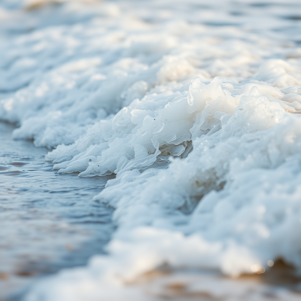 ocean waves crashing on the shore captured in soft daylight, ISO 200, f/8 aperture, 1/500s shutter speed, wide-angle lens, DSLR camera, focused on the texture of the water and foam