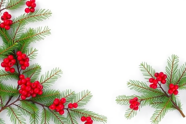 Generate an image of a winter-themed background with evergreen branches and red berries. The composition should feature a light, neutral background, with the greenery and berries positioned in one corner to create a festive atmosphere.