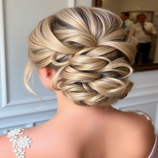 Elegant ash blonde updo named "Whispered Secrets" featuring intricate twisted knots, soft tendrils escaping artfully, pearl-like shimmer throughout, delicate braided accents, sophisticated and romantic appearance