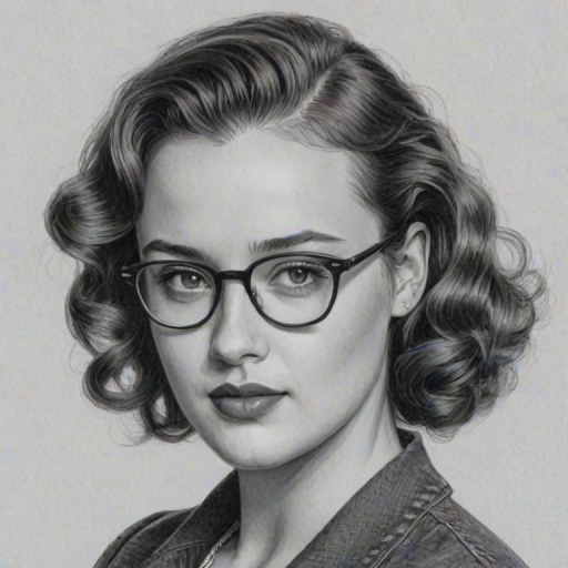 Appealing Katherine Langford, pencil sketch, portrait of Wonderful woman 1935s in glasses, hair style beatnik, outline, clear lines, fine lines, 8k