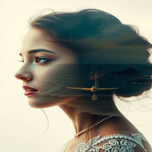 create Book cover, A surreal double exposure portrait that blends a woman's face with a beautiful seascape. The overall mood is dreamy and mystical, with rich colors and intricate details