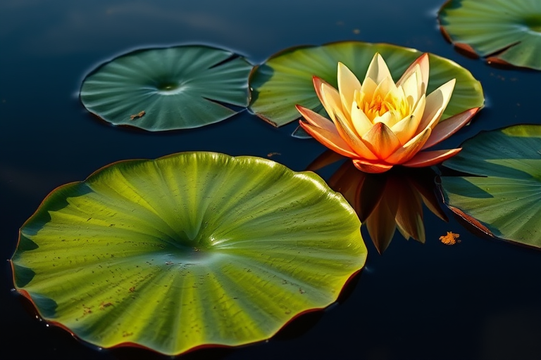 Photograph large water lily pads with vibrant green and orange edges reflected in calm water, using a Canon EOS 5D Mark IV, 50mm f/1.8 lens, aperture f/4, shutter speed 1/200s, ISO 100, natural lighting, macro view.