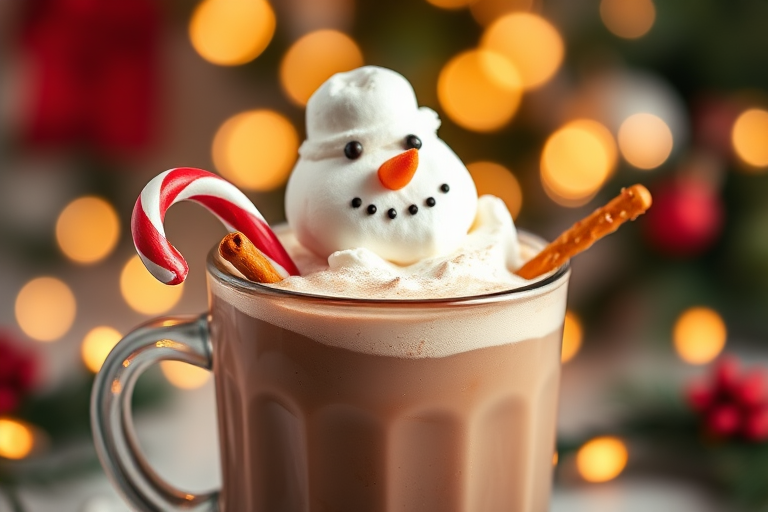 Generate an image of a festive hot chocolate topped with marshmallows shaped like a snowman, complete with a candy cane and pretzel sticks as arms. The background should feature blurred Christmas lights and a cozy holiday atmosphere.