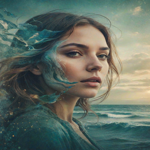 imagine Book cover, A surreal double exposure portrait that blends a woman's face with a beautiful seascape. The overall mood is dreamy and mystical, with rich colors and intricate details