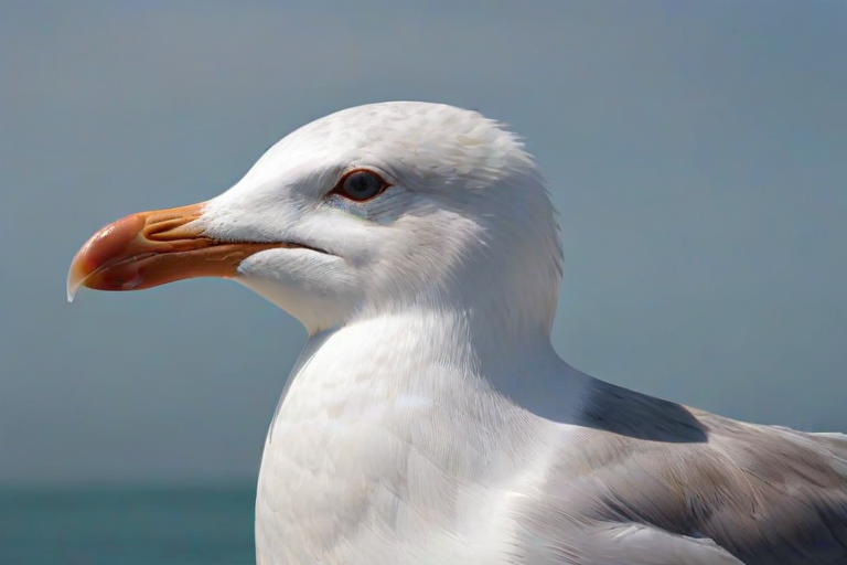 create a close-up portrait of a seagull with a white body and a brown head near a calm blue ocean background