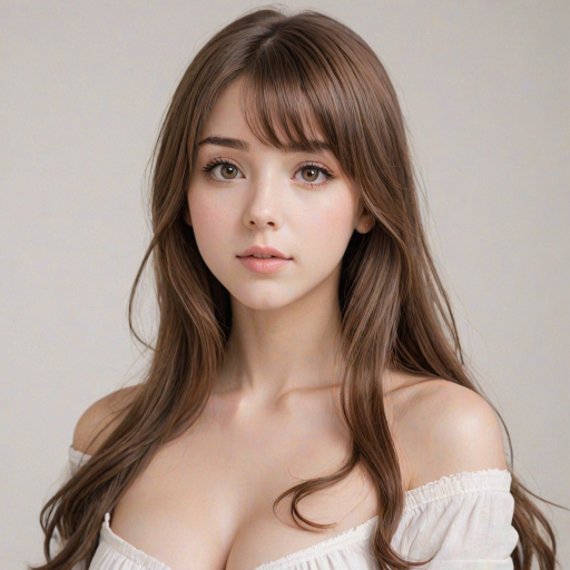 boop, 1girl, brown hair, long hair, solo, pretty, wide eyes, upper body, medium breasts, white background, blush