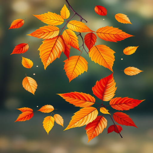 Create an illustration of various autumn leaves in vibrant colors including orange, yellow, and red, arranged in a creative layout, with a soft-focus background, using a digital art style, 4K resolution, simulated camera settings with f/2.8 aperture and ISO 100 for enhanced detail.