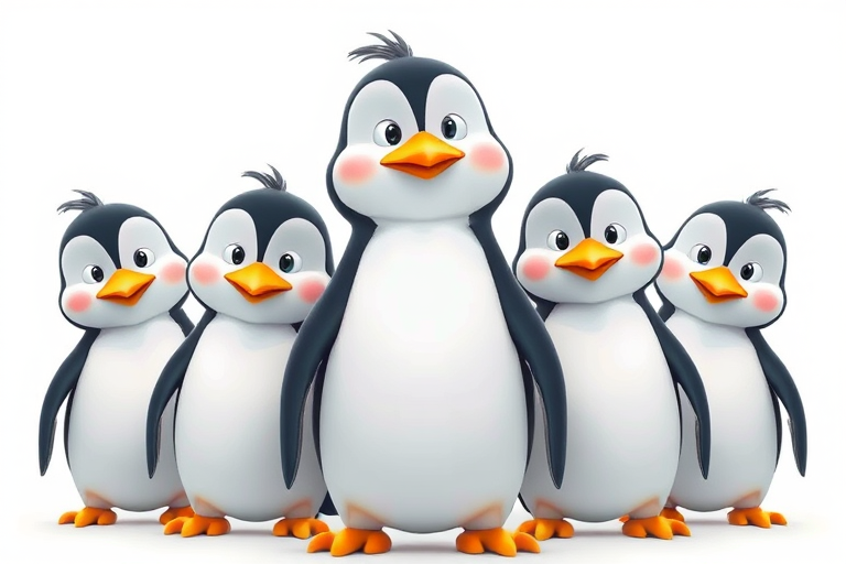 Create an image of five cartoon penguins with exaggerated features, centered in a bright white space, using a DSLR camera with a 50mm lens, aperture set to f/2.8, ISO 100, and soft lighting for enhanced clarity and detail.