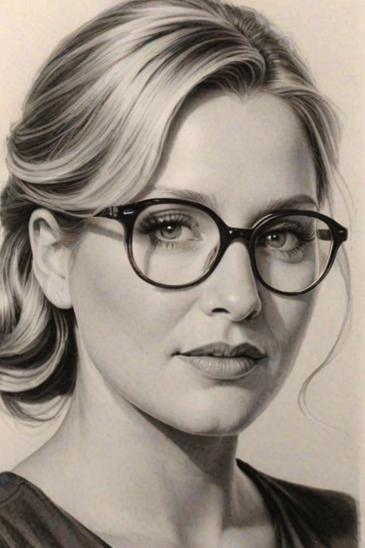Stunning Jessica Capshaw, pencil sketch, portrait of Enchanting woman 1938s in glasses, hair style beatnik, outline, clear lines, fine lines, 8k