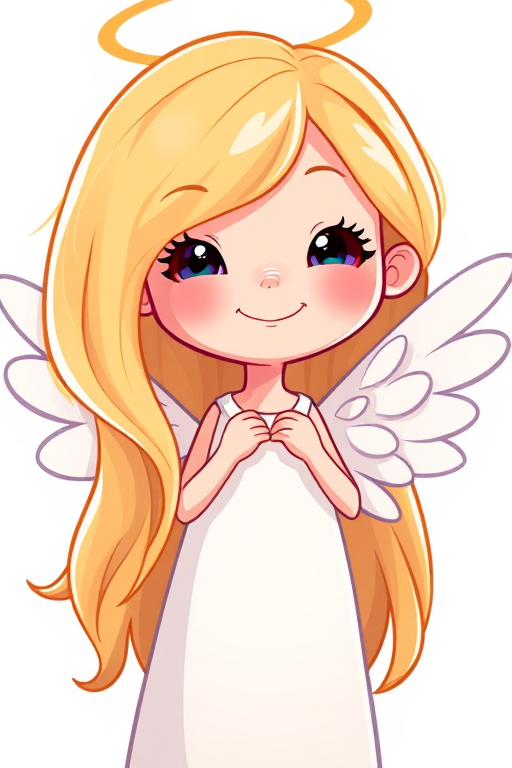 Create a vibrant cartoon illustration of a cheerful angel with long blonde hair and simple wings, camera settings: f/2.8, ISO 100, shutter speed 1/250s, camera view: close-up, camera style: vibrant colors, camera type: digital DSLR.