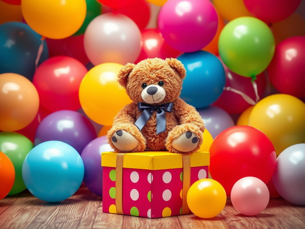 Create a vibrant scene featuring a teddy bear sitting on a colorful gift box, surrounded by an array of balloons in various colors, use a DSLR camera with a 50mm lens, aperture f/1.8, ISO 100, and a soft-focus background for depth.