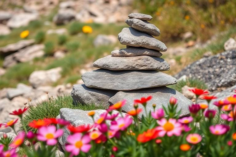 Capture a stacked stone formation in a natural setting with vibrant wildflowers in the foreground, shot with a Canon EOS R5 at f/8, 1/200 sec, ISO 200, using a 50mm lens in natural light for enhanced color and sharpness.