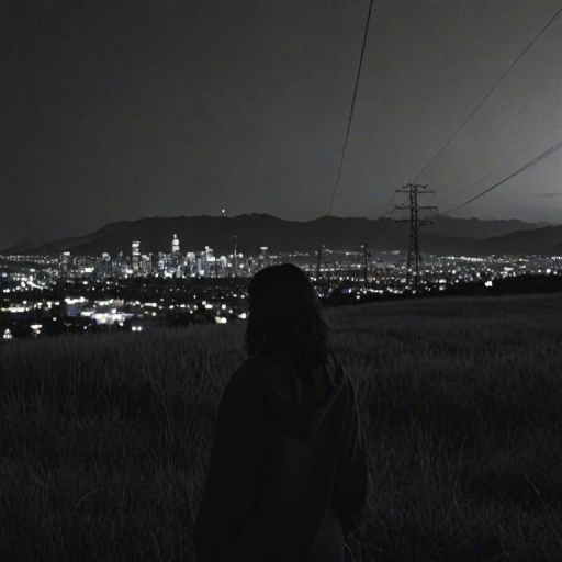 monochrome,outdoors,power lines,wide shot,reddish sky,grass,hill,expressionless,x hair ornament,city lights in background,city in background,skyscraper in background,skyline,stylish,dark theme,