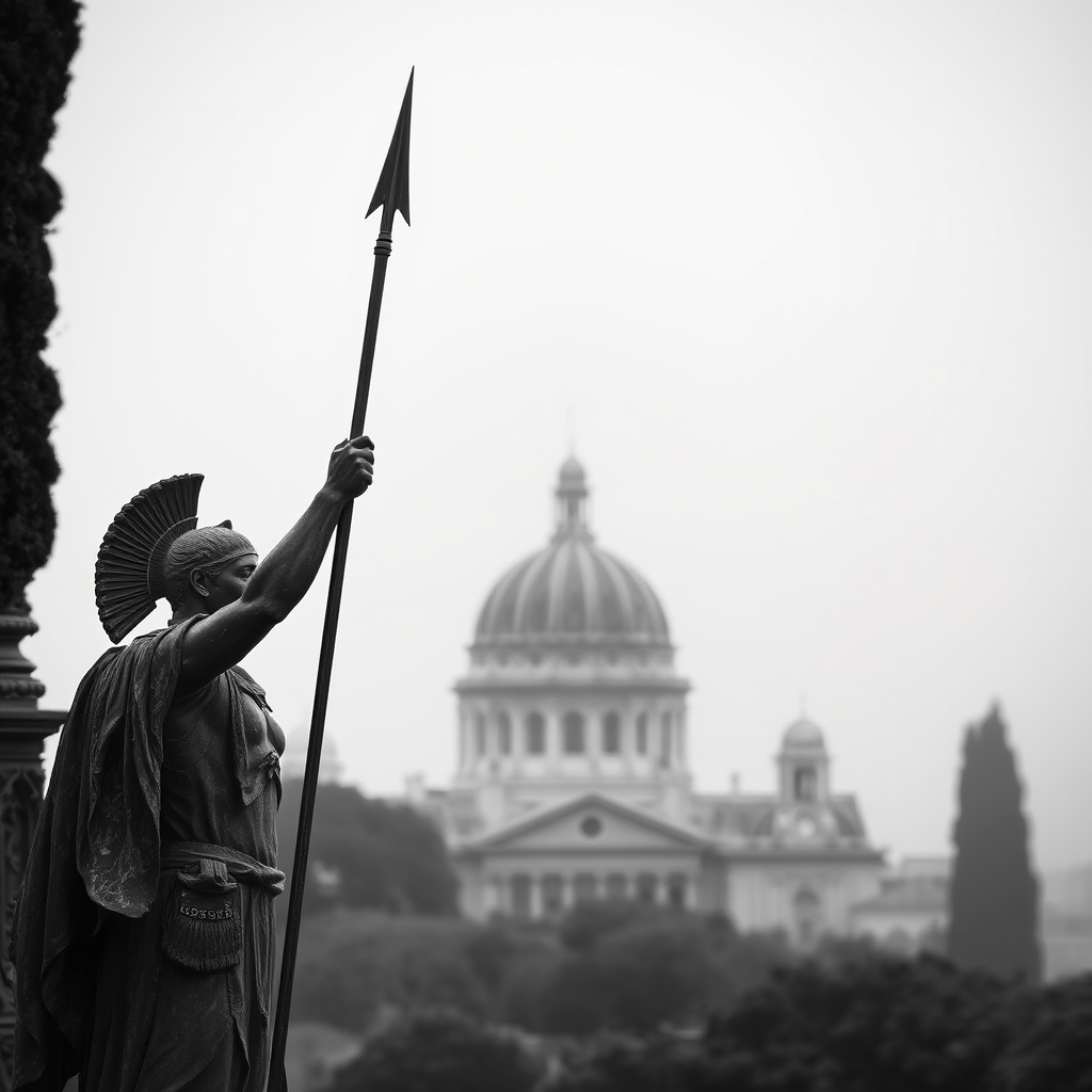 High-resolution image of a classic statue of a warrior holding a spear, overlooking a foggy backdrop with an iconic dome structure, captured with a Canon EOS R5, 50mm f/1.2 lens, ISO 100, aperture f/8, shot in black and white with a soft focus effect.